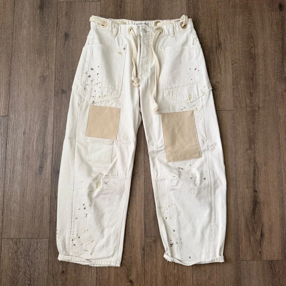 We The Free Moxie Barrell Jeans Women 29 White Paint Splatter Patch Rope Utility